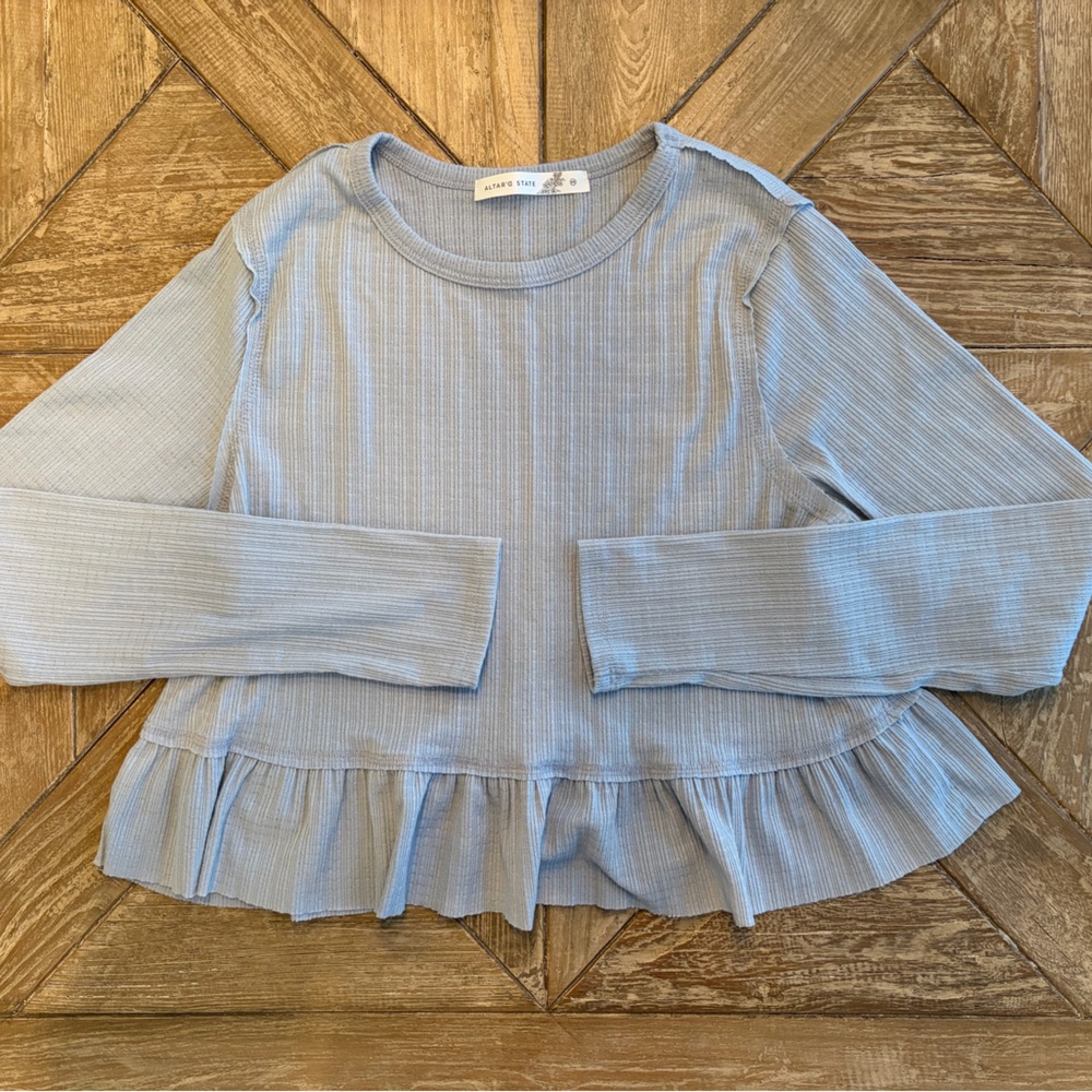 Altar'd State Light Blue Ruffled Long Sleeve Tee